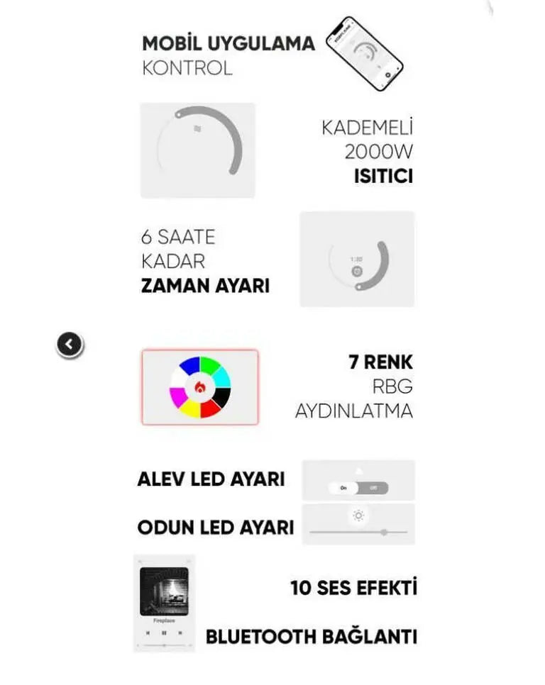 Elektrikli Şömine, Isıtıcılı ve RGB Renkli 80 CM ( Isıtmalı )