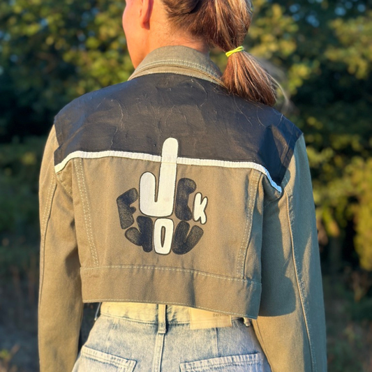 Fuck You El Boyaması Yeşil Kot Ceket – Tek ve Eşsiz Tasarım