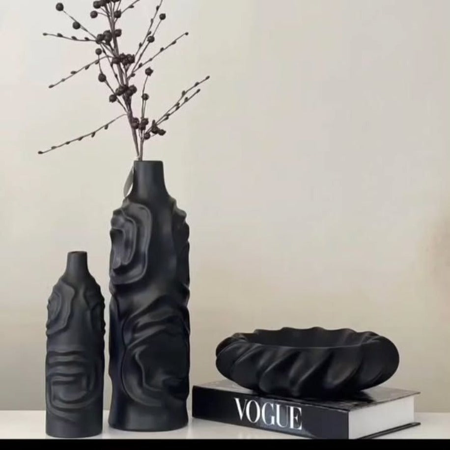 Siyah Dokulu Dekoratif Seramik Vazo & Kase Seti (3’lü)