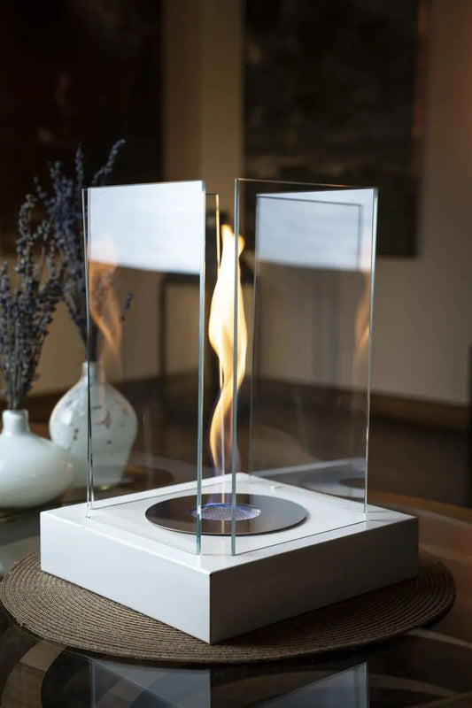 AURAFIRE Masa Üstü Kare Bioethanol Şömine – Beyaz (Dekoratif & Bacasız)