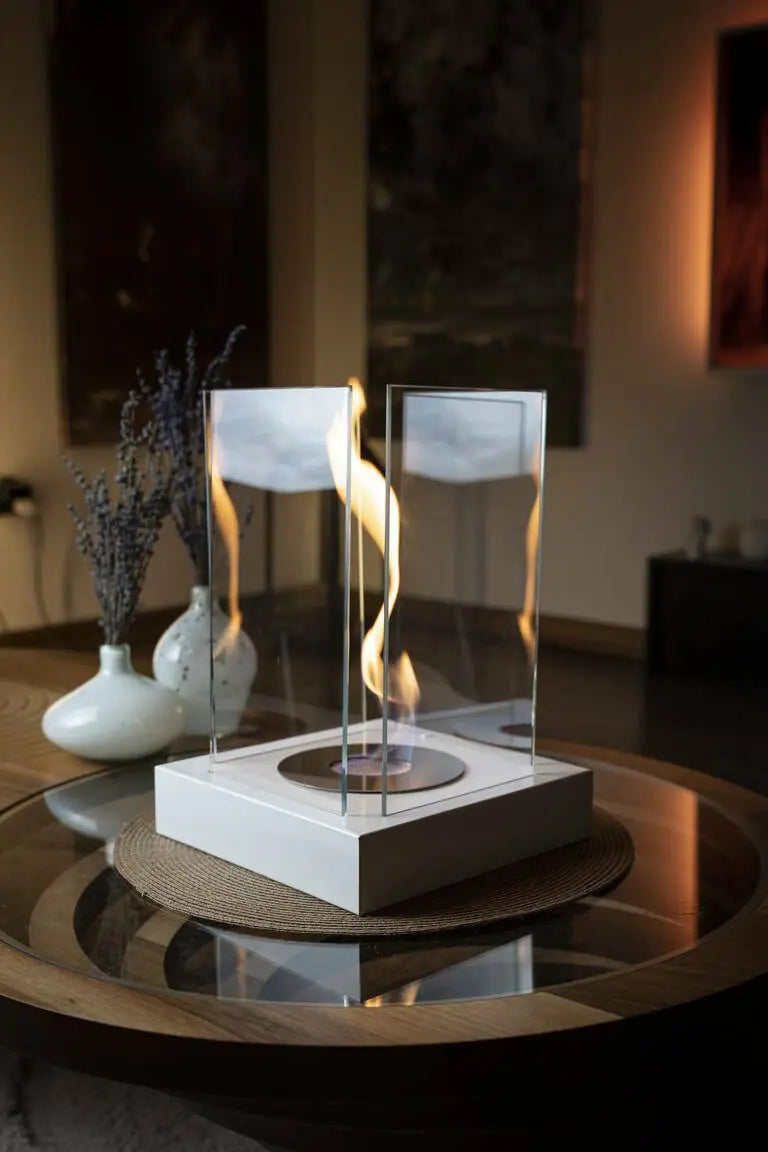 AURAFIRE Masa Üstü Kare Bioethanol Şömine – Beyaz (Dekoratif & Bacasız)